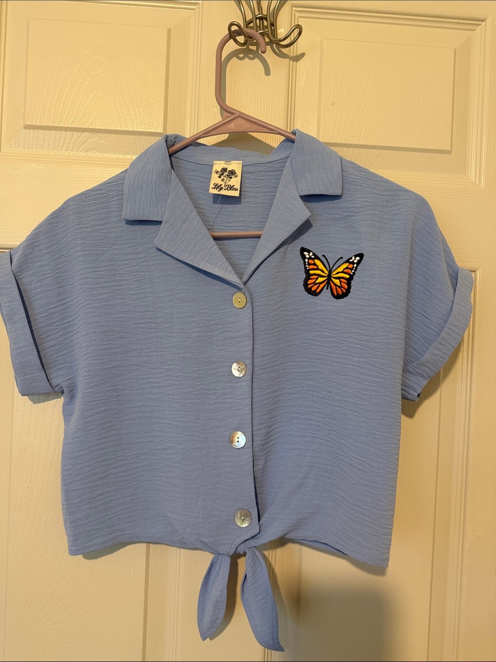 Lily Bleu Light Blue Cropped Button-Up Top with Butterfly Patch
